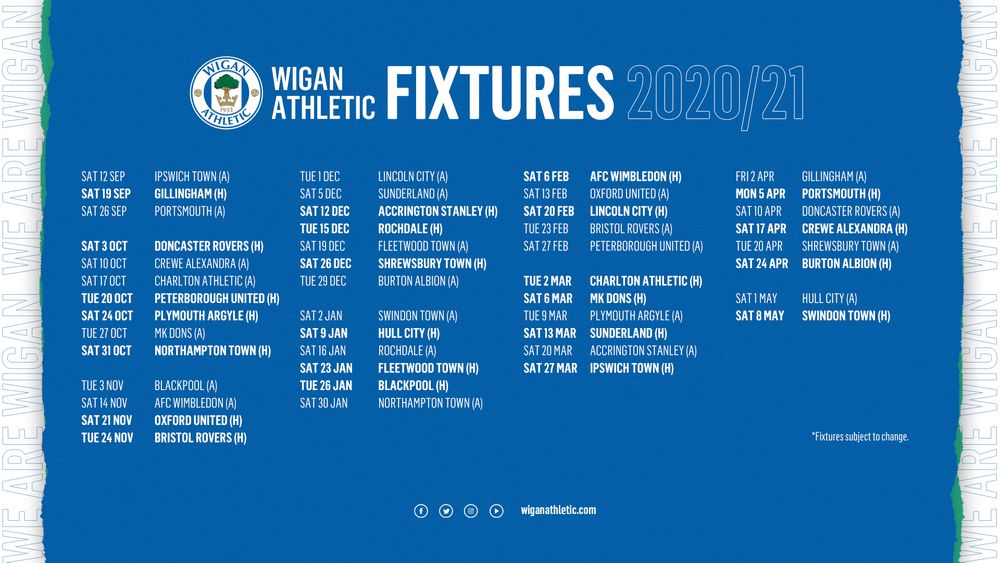 Wigan Athletic FC Latics' 202021 fixtures in full, as the league